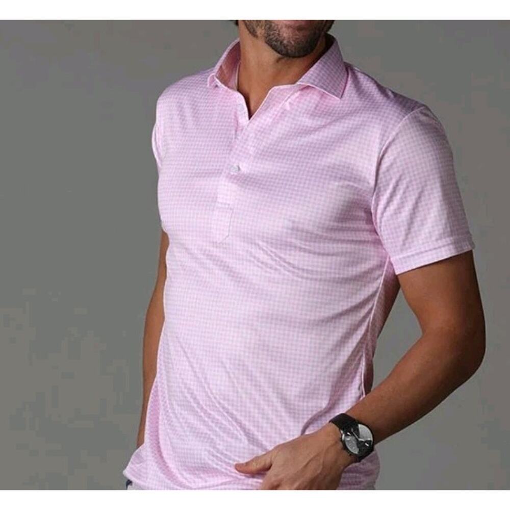 Collars & Co Men's 2XLT Big & Tall Polo Shirt Pink White Gingham Semi-Spread